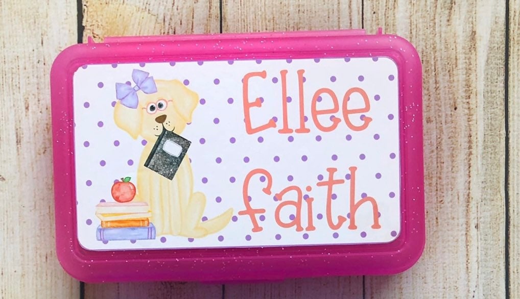 Personalized pencil box—Girl Dog with Supplies—Back to School—Personalized School Supplies