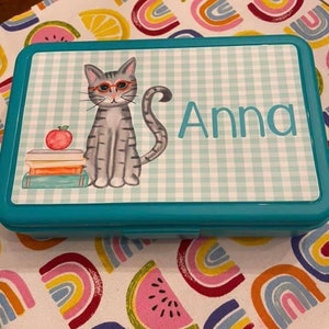 Personalized pencil box, Girl Cat with Supplies, Teal Pencil Box, School Supplies, Back to School, Personalized School Supplies