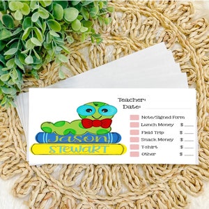 Personalized School Money Envelope, Lunch Money, School Supplies, School Organizer, Personalized Envelopes for School, Caterpillar And Books