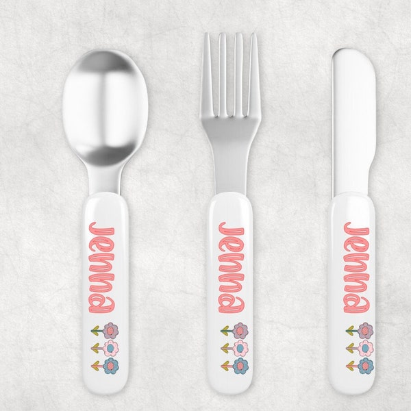 Custom Personalized Children/Baby Utensil Sets--Fork, Knife, Spoon--Flowers--Kids Utensils--Silverware--Cutlery--Baby Gift
