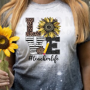 Bleached Tee-LOVE Teacher Sunflower, Teacher Shirt, Cute Teacher Shirt, Sunflowers