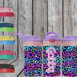 12oz stainless steel kids flip top tumbler cup—Rainbow Leopard Print, Can Be Personalized