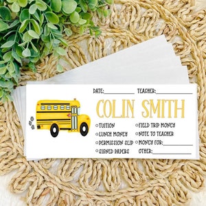 Personalized School Money Envelope, Lunch Money, School Supplies, School Organizer, Personalized Envelopes for School, School Bus, Bus