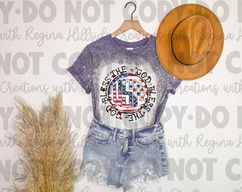 Bleached Tee-Patriotic/4th of July—God Bless The USA--American Flag, 4th of July Shirt, Patriotic Shirt, America, USA