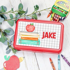 Personalized pencil box, Book Stacks with Apple, Red Pencil Box, School Supplies, Back to School, Personalized School Supplies
