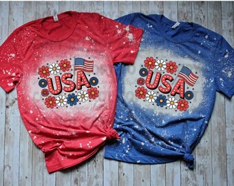 Bleached Patriotic Tee-USA Flowers, USA, 4th of July, Cute Patriotic Shirt, Red White Blue
