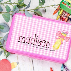 Pencil with Bow Personalized pencil box, Pink Pencil Box, School Supplies, Back to School, Personalized School Supplies, Pencil Box
