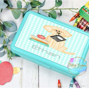 Personalized pencil box—Teal Dog with School Supplies—Back to School—Personalized School Supplies