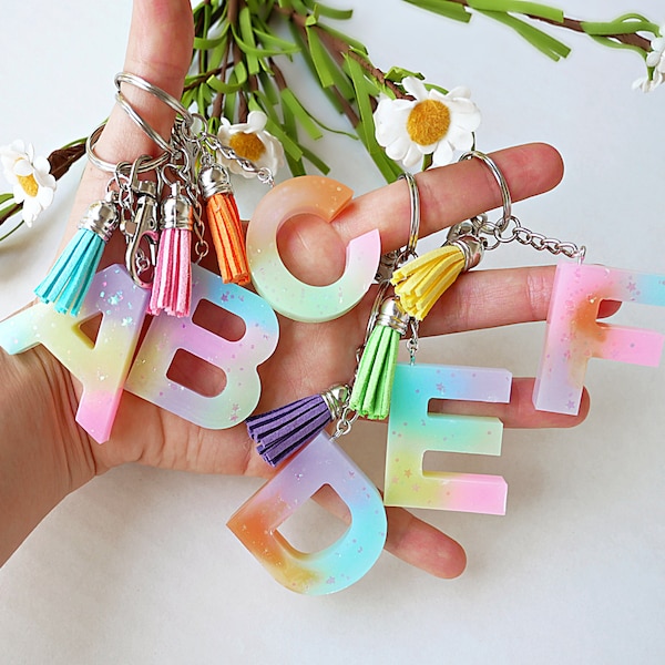 Pastel Tie Dye, Pastel Keychain, A-Z Resin Letter, Tassel, Initial Keychain, Sparkly key fob, Tie dye gift for girls, Personalized Letter