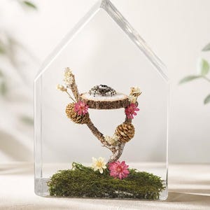 May include: A clear, house-shaped resin block encases a decorative display. Inside, a small spider rests on a wooden disc, surrounded by moss, pinecones, and pink and white flowers. The display is a unique, nature-inspired art piece.