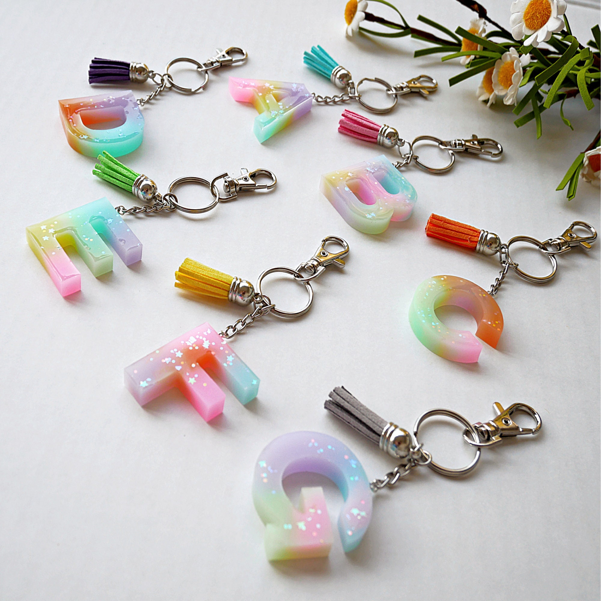 Pastel Tie Dye Pastel Keychain A-Z Resin Letter Tassel | Etsy