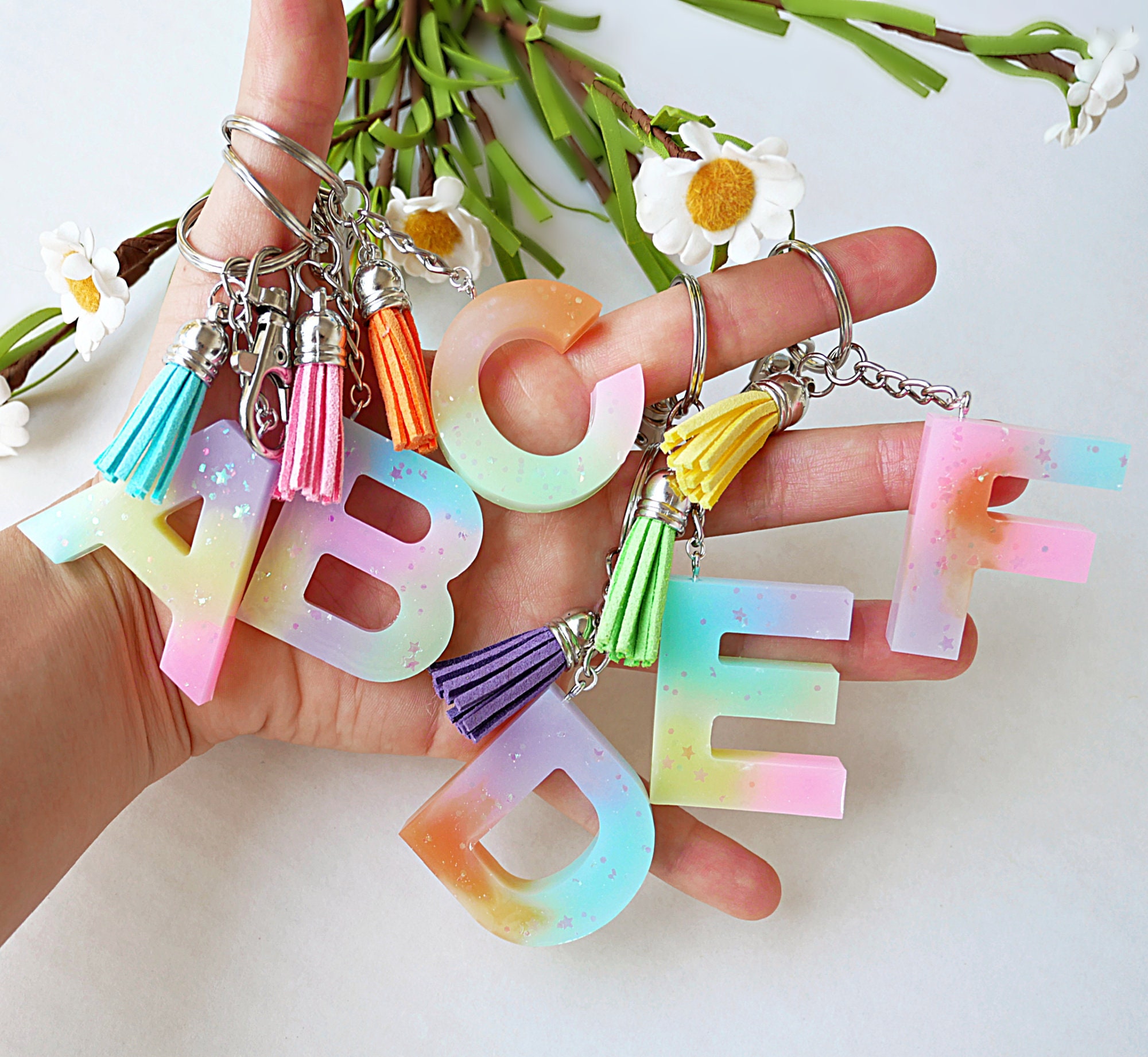 Women's Creative Letter Resin Keychain with Crystal Letter Charms in 2023