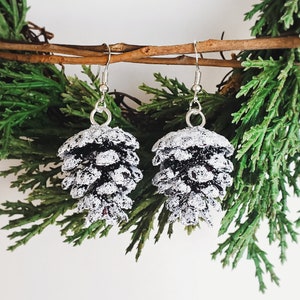 May include: A pair of silver earrings featuring frosted pine cone charms. The pine cones are white with a hint of black and have a textured surface.