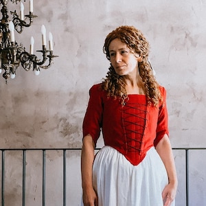 Lace-Up Bodice in Cherry Red Linen, Handcrafted 18th Century Costume Perfect for Historical Events & Vintage Theme Parties