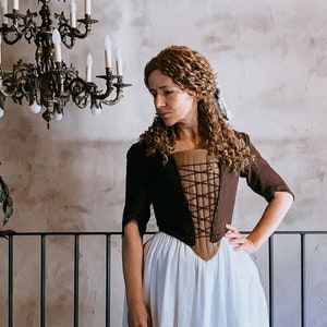 Lace-Up Bodice in Chocolate Linen, Historical 18th-Century Reproduction, Perfect for Renaissance Fairs, Ideal Gift for History Lovers