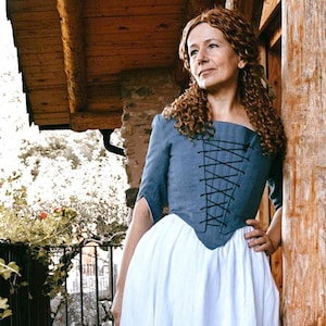 Lace-Up Bodice Made from Steel Blue Linen, Elegant 18th Century Design for Themed Events, Ideal Gift for History Lovers