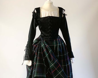 Elegant Renaissance Black Velvet Corset & Tartan Skirt, Removable Sleeves, Great for Scottish Festivals and Stage Performances