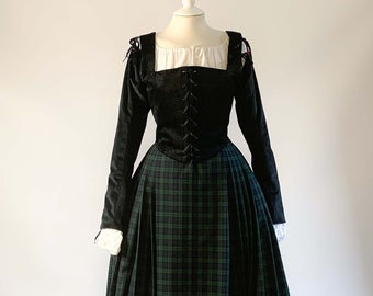 Renaissance Costume in Black Velvet & BlackWatch Tartan Skirt | Removable Sleeves | Renaissance Costume | 16th Century Dress | Tudor Fashion