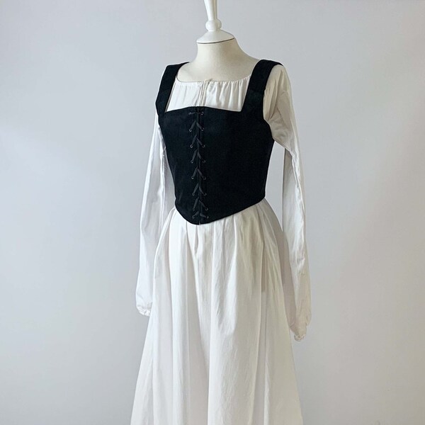 Bustier Renaissance en lin ou velours noir - Fabrication artisanale, fermeture par œillets et cordons - Luxueux Corset - Costume historique