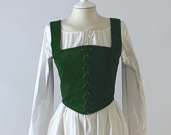 Luxurious Green Linen or Velvet Renaissance Bodice - Soft Cotton Lined, Exquisite Detail - Ideal for Costume Enthusiasts