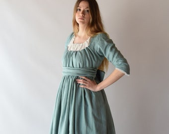 Romantic Regency Linen Dress, Almond Green Cottagecore Style, Jane Austen Heroine Inspired, Elegant Country Escape Attire