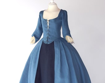 Authentic 18th-Century Linen Overdress, Steel Blue Linen with Lace Trim, Perfect for Costume Events and Fairs, Unique History Buff Gift