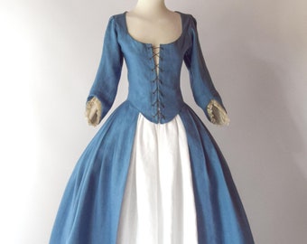 CHARLOTTE, Robe 18ème Siècle en Lin Bleu Acier & Jupe Bleu ou Blanche assortie, Costume historique authentique