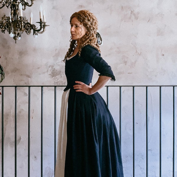 Historical Linen Overdress & Skirt, 18th-Century Dress in Night Blue Linen, Reenactment Gown, Unique Historical Gift