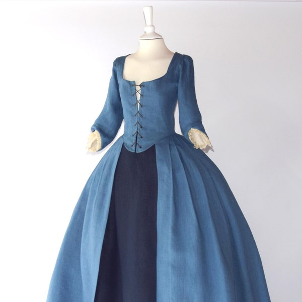 Authentic 18th-Century Linen Overdress, Steel Blue Linen with Lace Trim, Perfect for Costume Events and Fairs, Unique History Buff Gift