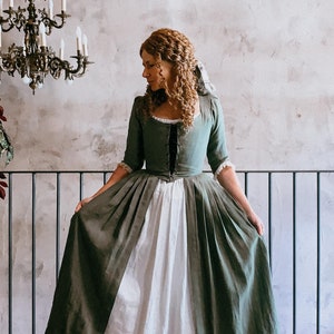 Historical Overdress, Sage Green Linen Costume with Lace Trim, Perfect for Reenactments and Gifts for History Lovers