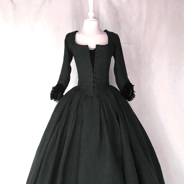 18. Jahrhundert Schwarzes Leinen Kleid - Outlander Inspiriert, Handgefertigtes Historisches Gewand