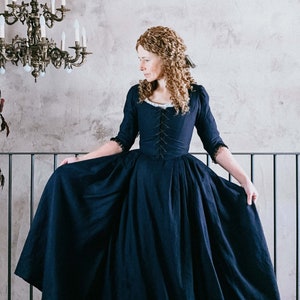 TOP SELLER *** 18th Century Dress, Night Blue Linen with Lace & Boning, Historical Reenactment Attire, Unique Gift for History Buffs