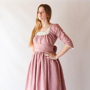 Jane Austen Regency Dress, Old Pink Linen Midi with Lace Ribbon, Feminine Cottagecore Style, Unique Gift for Fashion Enthusiasts image 2