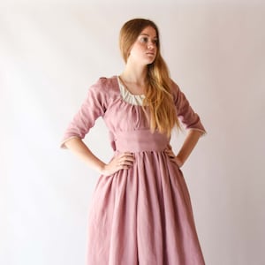 Jane Austen Regency Dress, Old Pink Linen Midi with Lace Ribbon, Feminine Cottagecore Style, Unique Gift for Fashion Enthusiasts image 1