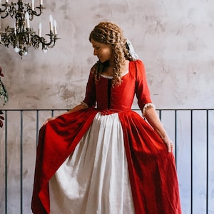 18th-Century Overdress, Cherry Red Linen with Authentic Train, Perfect for Historical Reenactment & Costume Enthusiasts
