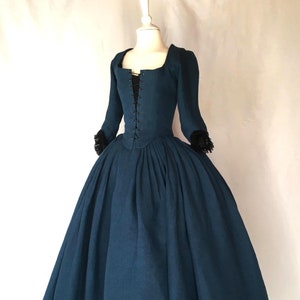 18th Century in Ocean Blue Linen - Outlander Inspired, Handcrafted Historical Gown for Costume Parties and Reenactments