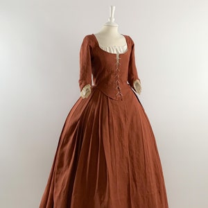 Authentic 1770s Dress, Pre-Washed Linen in Rust Orange, Exquisite Gift for History Enthusiasts & Costume Collectors