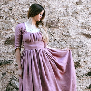 Jane Austen Regency Dress, Old Pink Linen Midi with Lace Ribbon, Feminine Cottagecore Style, Unique Gift for Fashion Enthusiasts image 7