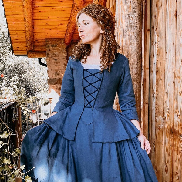 Kolonial kostüm in stahlblauem Leinen | Kleid aus dem 18. Jahrhundert | Revolutionärer Krieg | Caraco Jacke