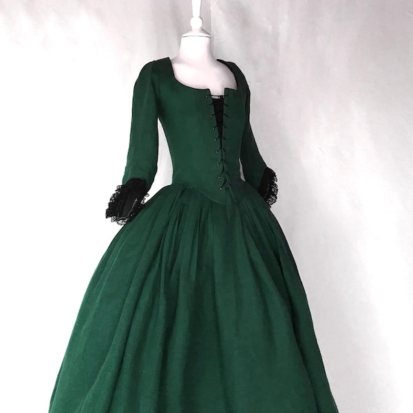 Robe 18ème siècle en lin vert foncé, bustier orné de dentelle, modèle authentique, idéale pour les reconstitutions et les cadeaux d'époque