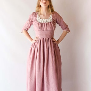 Jane Austen Regency Dress, Old Pink Linen Midi with Lace Ribbon, Feminine Cottagecore Style, Unique Gift for Fashion Enthusiasts image 3
