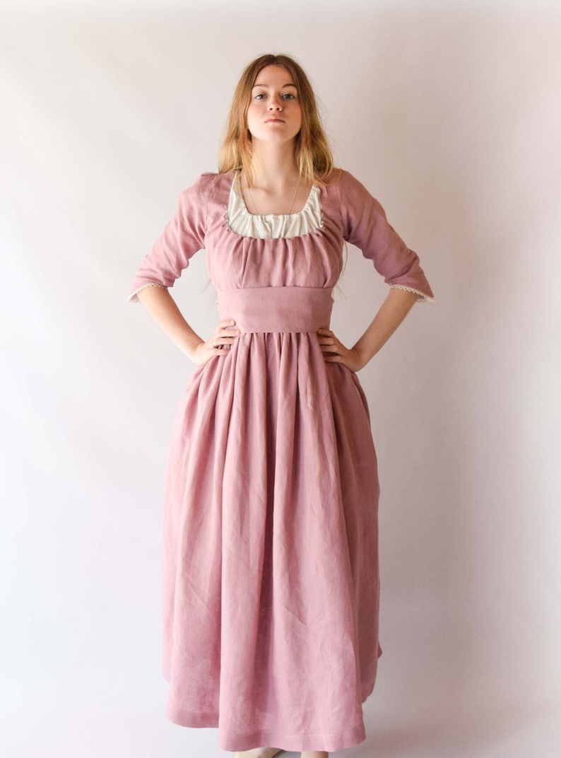 Jane Austen Regency Dress, Old Pink Linen Midi with Lace Ribbon, Feminine Cottagecore Style, Unique Gift for Fashion Enthusiasts image 3