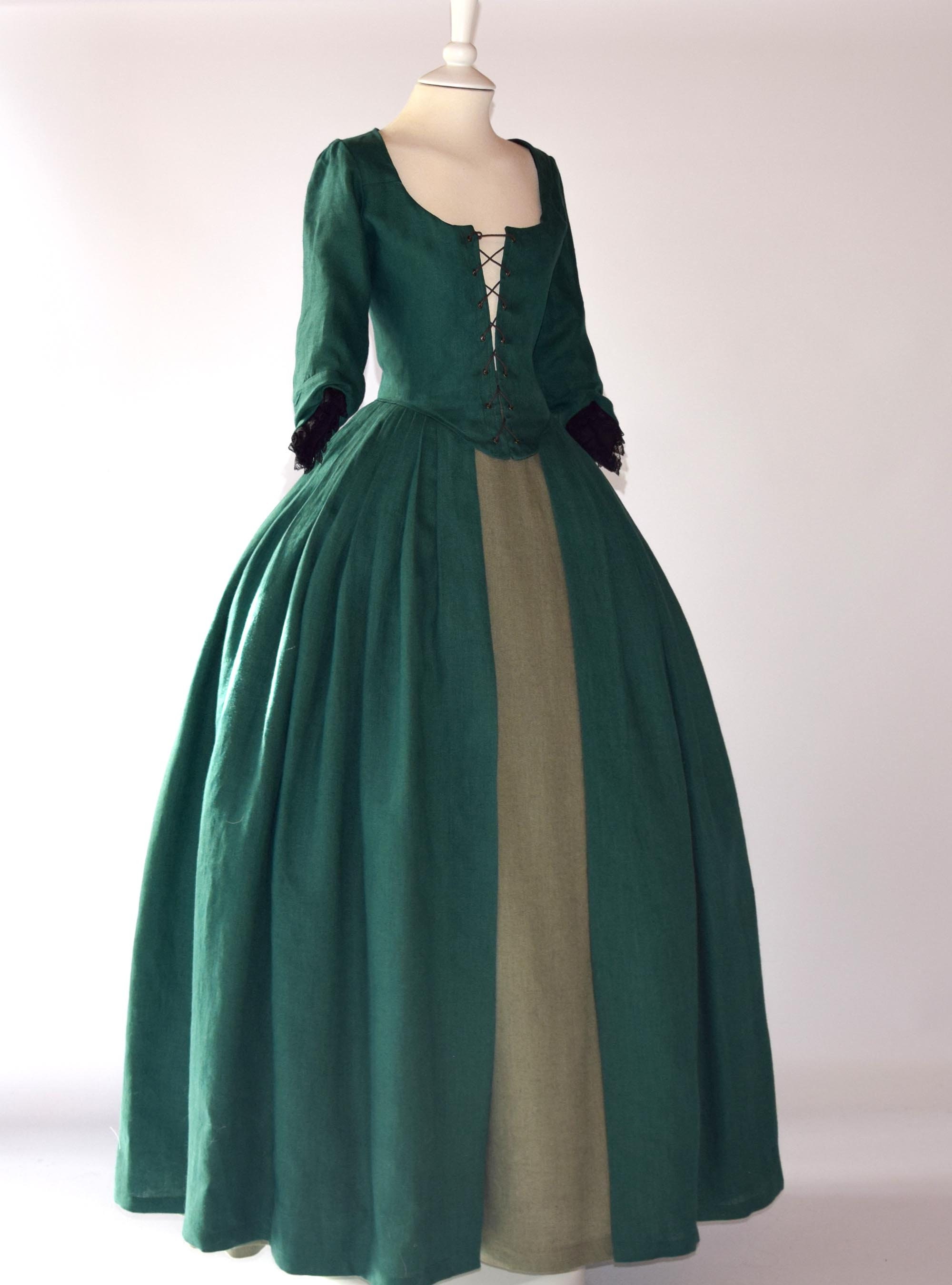 18th Century Dress in Dark Green & Sage Green Linen | Etsy
