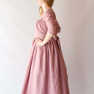 Jane Austen Regency Dress, Old Pink Linen Midi with Lace Ribbon, Feminine Cottagecore Style, Unique Gift for Fashion Enthusiasts image 4