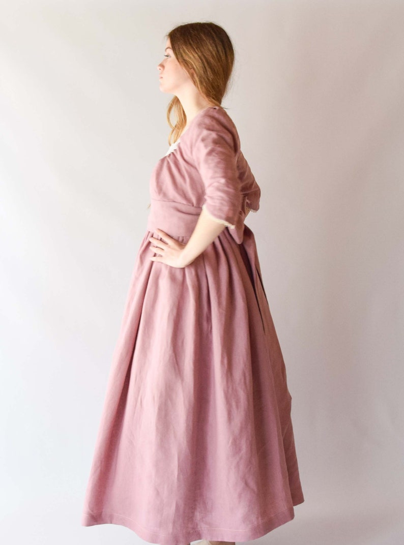 Jane Austen Regency Dress, Old Pink Linen Midi with Lace Ribbon, Feminine Cottagecore Style, Unique Gift for Fashion Enthusiasts image 4