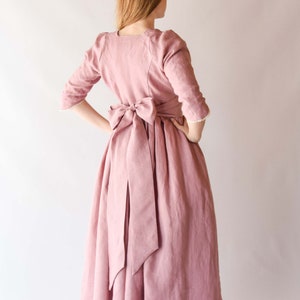Jane Austen Regency Dress, Old Pink Linen Midi with Lace Ribbon, Feminine Cottagecore Style, Unique Gift for Fashion Enthusiasts image 6