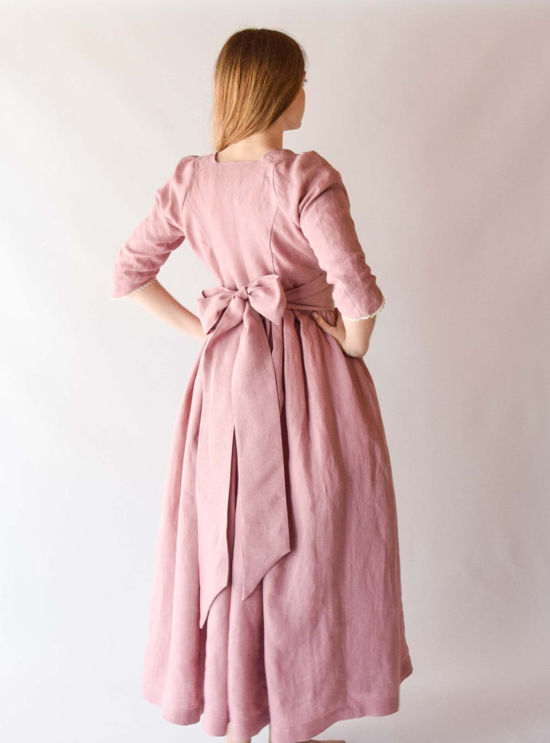 Jane Austen Regency Dress, Old Pink Linen Midi with Lace Ribbon, Feminine Cottagecore Style, Unique Gift for Fashion Enthusiasts image 6