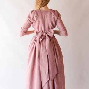 Jane Austen Regency Dress, Old Pink Linen Midi with Lace Ribbon, Feminine Cottagecore Style, Unique Gift for Fashion Enthusiasts image 5