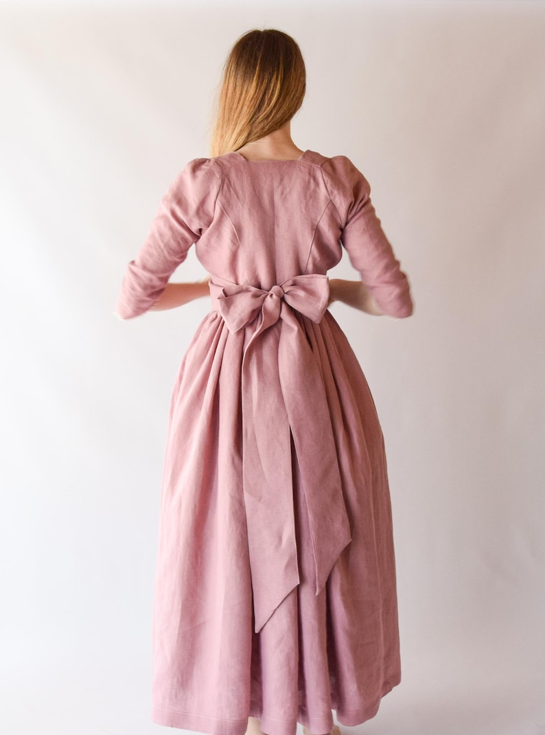 Jane Austen Regency Dress, Old Pink Linen Midi with Lace Ribbon, Feminine Cottagecore Style, Unique Gift for Fashion Enthusiasts image 5