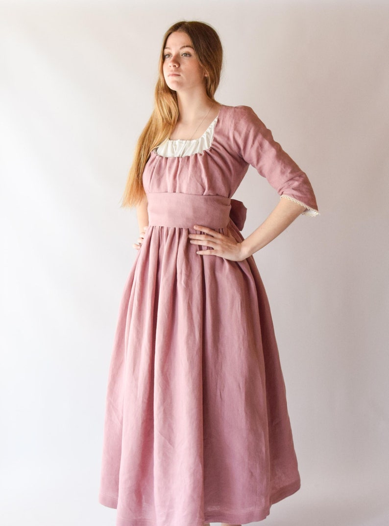 Jane Austen Regency Dress, Old Pink Linen Midi with Lace Ribbon, Feminine Cottagecore Style, Unique Gift for Fashion Enthusiasts image 2